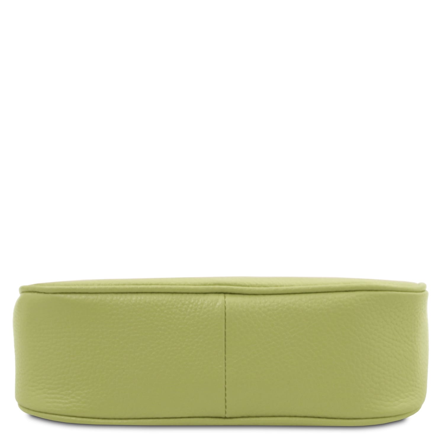 Open lime green leather clutch interior with beige lining, zip pocket, and Tuscan Leather label.