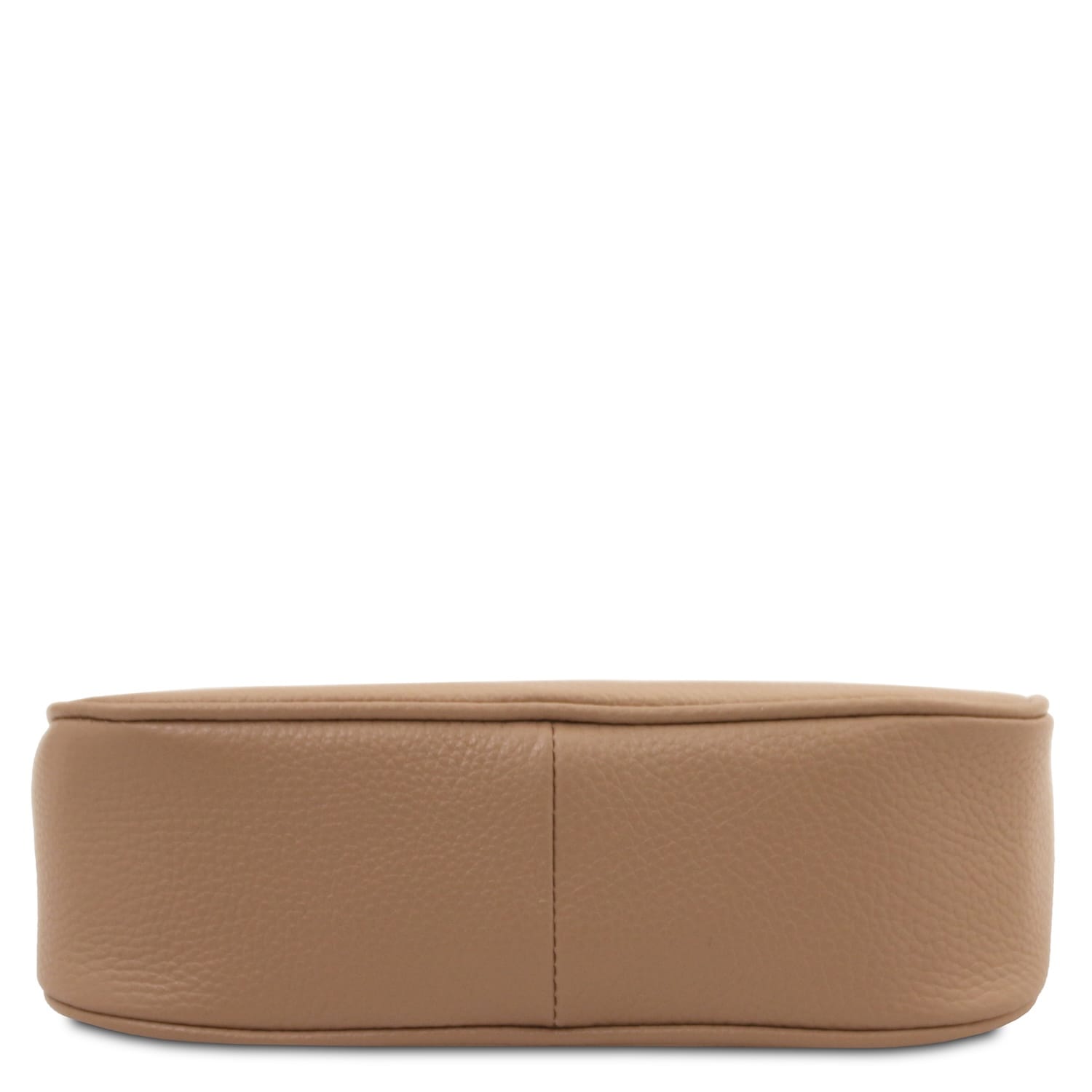 Bottom view of Parfait tan leather clutch showing rounded base and central seam