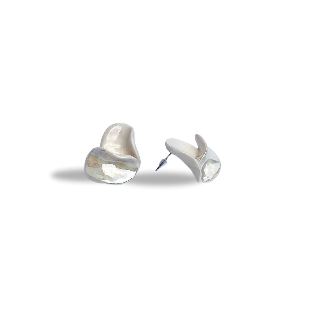 Petali handcrafted pearl white ceramic flower stud earrings with silver posts