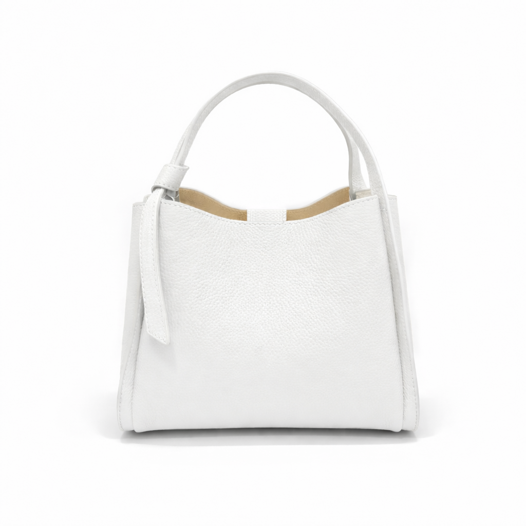 Pienza Italian leather tote handbag in white pebbled leather with rounded top opening and short handles