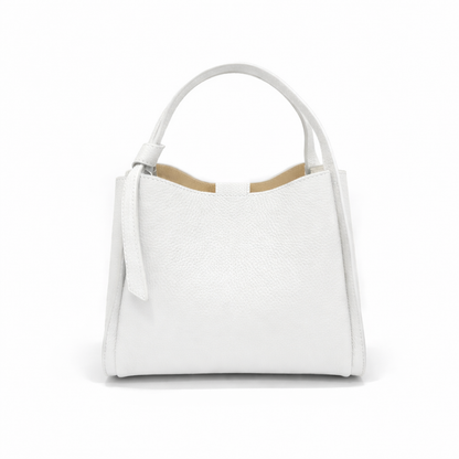 Pienza Italian leather tote handbag in white pebbled leather with rounded top opening and short handles