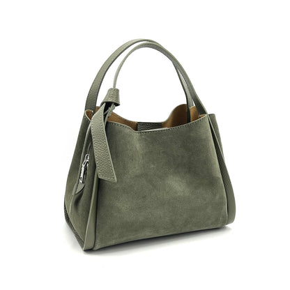 Olive green suede tote handbag on a white background