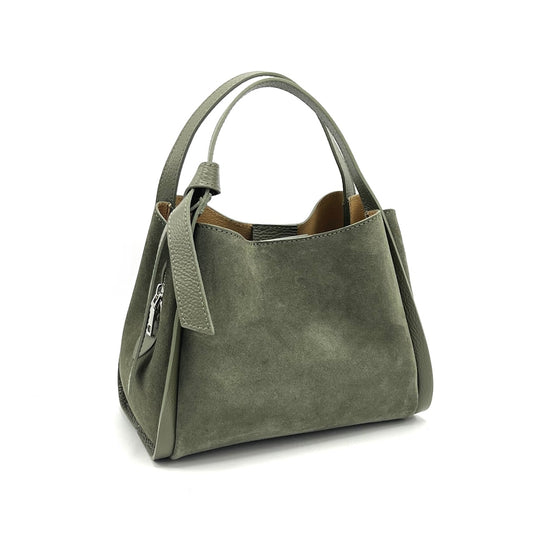 Olive green suede tote handbag on a white background