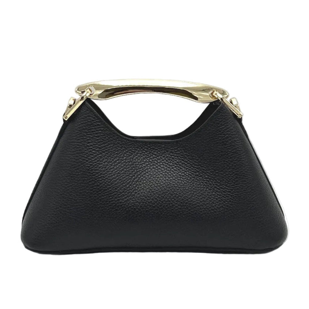 Black handbag with gold accents on a white background