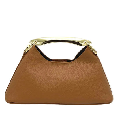 Brown handbag with gold accents on a white background