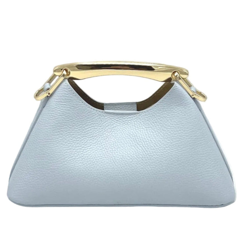 Light blue Pietrasanta handbag with gold handle on a white background