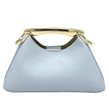 Light blue Pietrasanta handbag with gold handle on a white background
