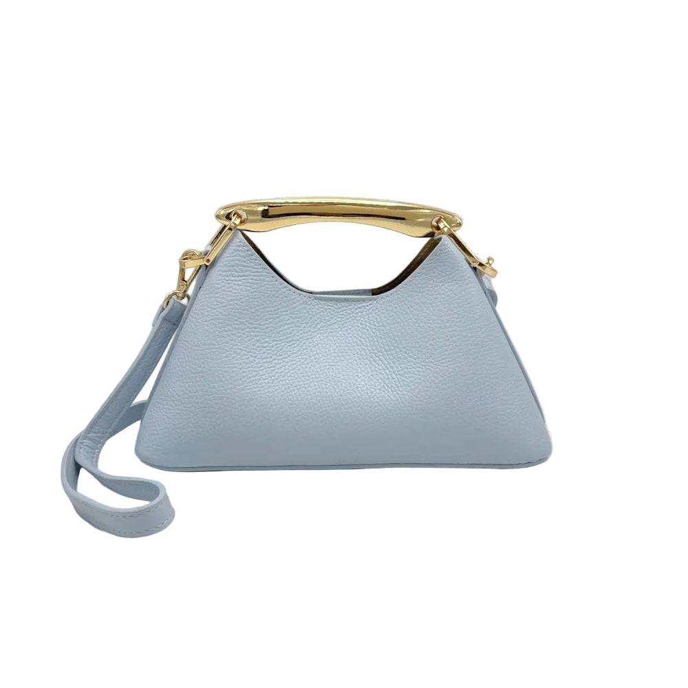 Light blue handbag with gold handle on a white background