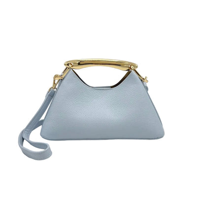 Light blue handbag with gold handle on a white background