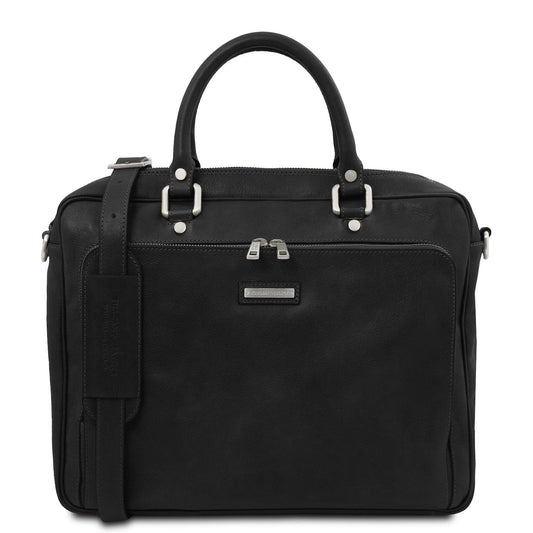 Leather laptop bags Black Pisa - Matte leather laptop briefcase with front pocket | TL142427 San Rocco Italia