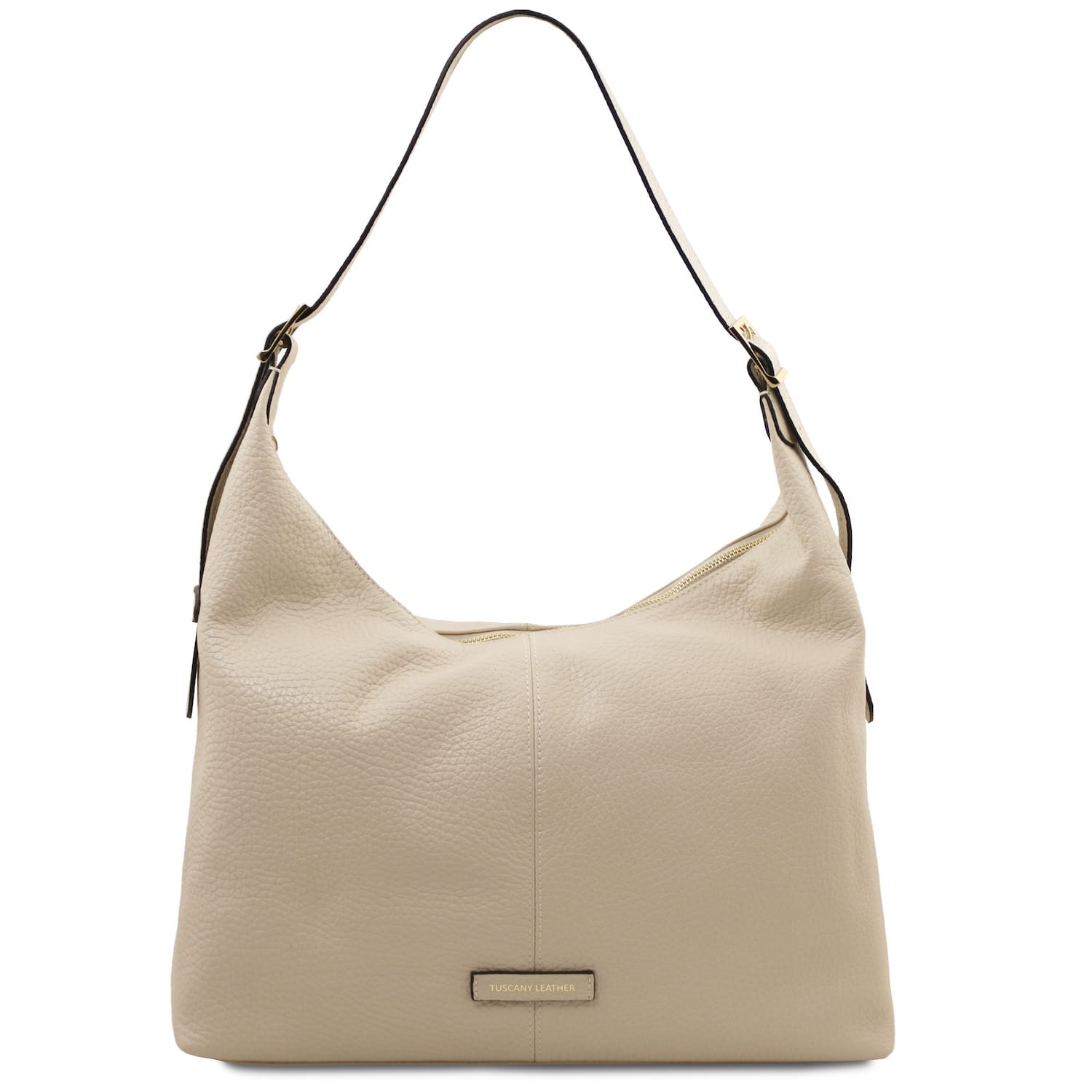 Beige textured leather shopping bag by Plenia with a top zipper and adjustable shoulder strap
