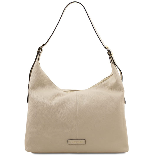 Beige textured leather shopping bag by Plenia with a top zipper and adjustable shoulder strap