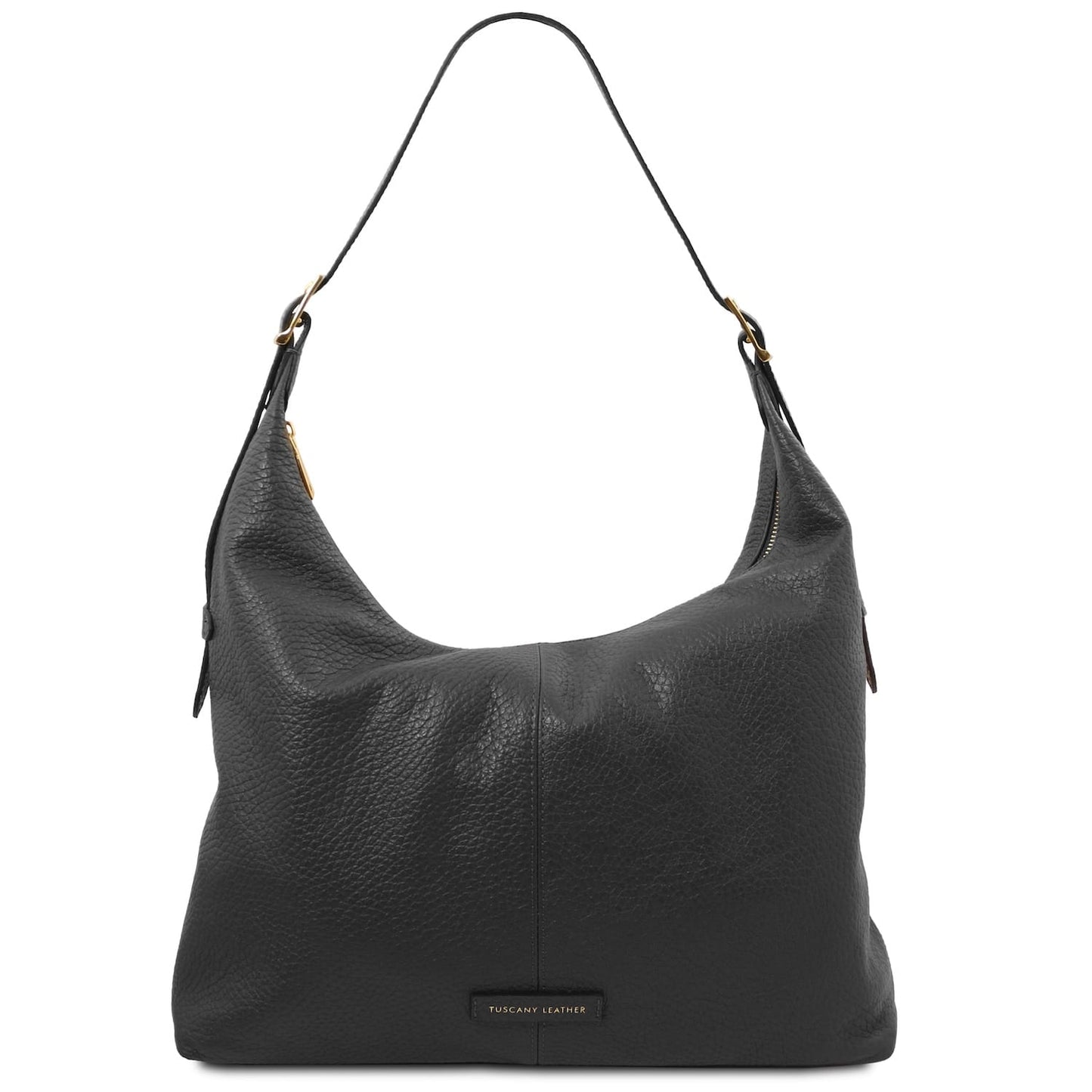Black leather hobo style shopper with rounded silhouette and single shoulder strap
