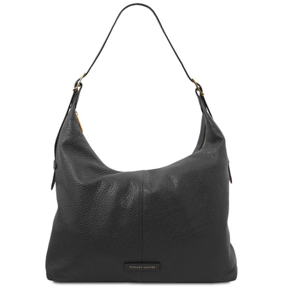 Black leather hobo style shopper with rounded silhouette and single shoulder strap
