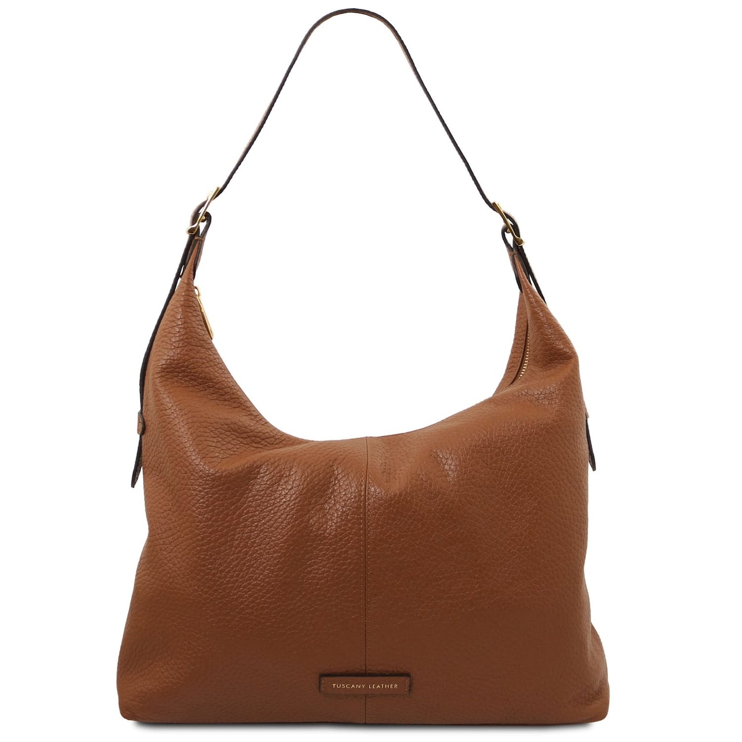 Brown Italian leather shopping bag with textured grain and a slim shoulder strap.