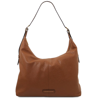 Brown Italian leather shopping bag with textured grain and a slim shoulder strap.