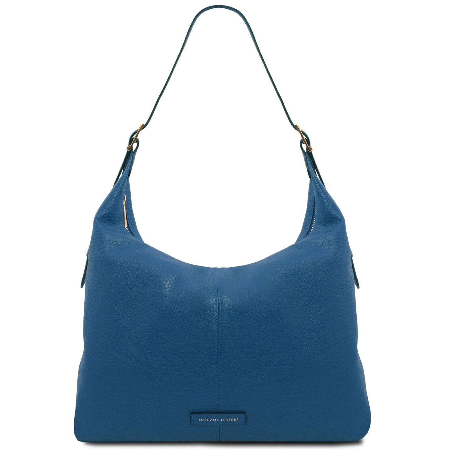 Blue pebbled leather shoulder bag with a single adjustable strap and gold hardware