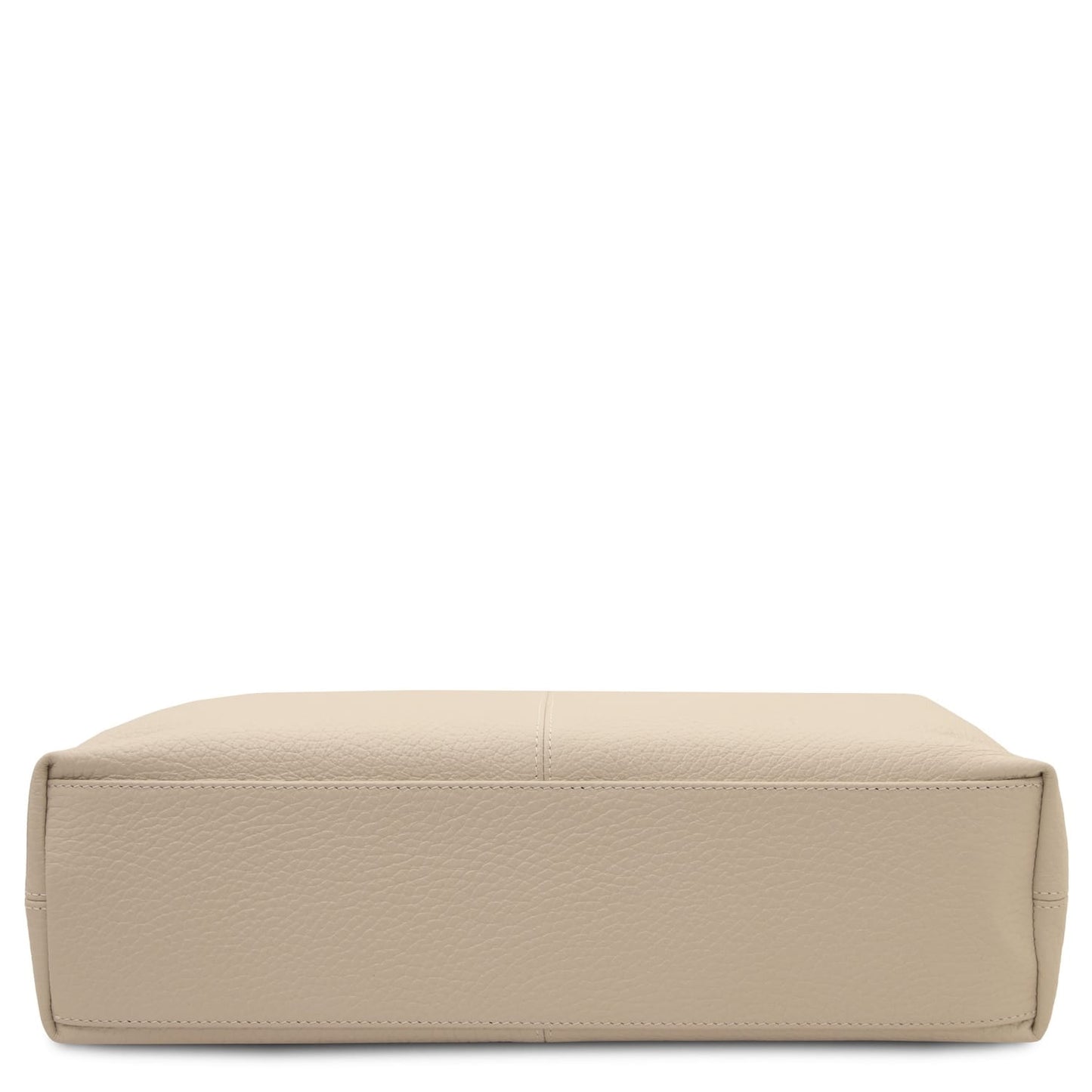 Bottom view of beige Plenia Italian leather shopping bag with flat rectangular base