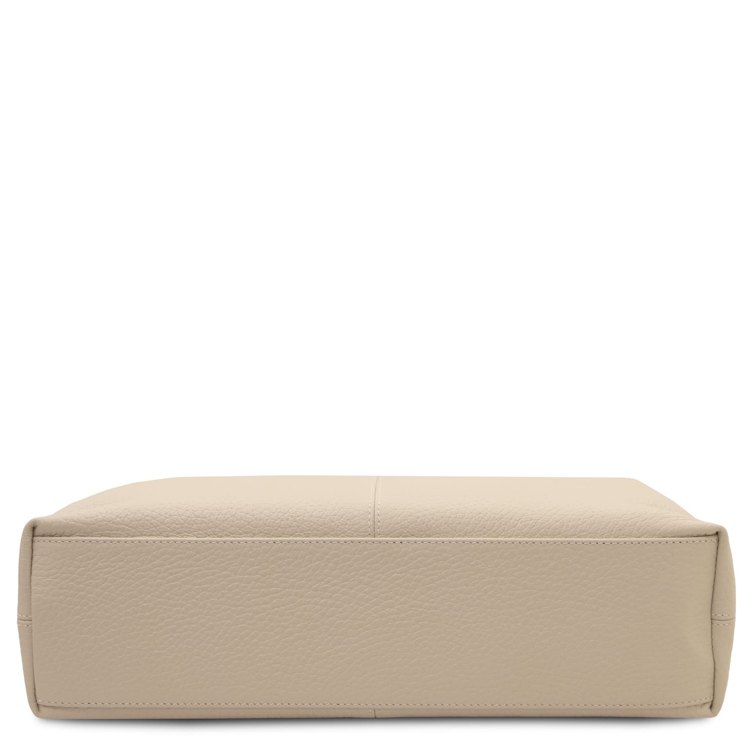 Bottom view of beige Plenia Italian leather shopping bag with flat rectangular base