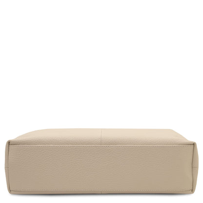 Bottom view of beige Plenia Italian leather shopping bag with flat rectangular base