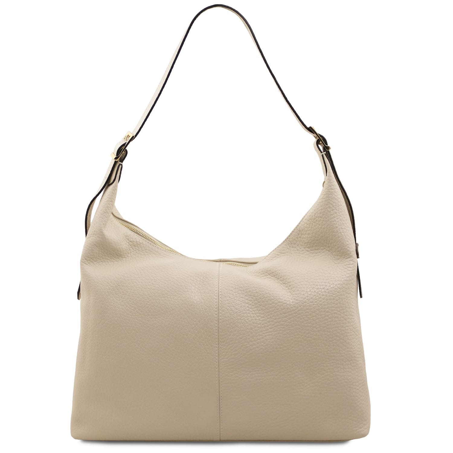 Beige pebbled leather shopping bag with two tone shoulder strap and gold hardware