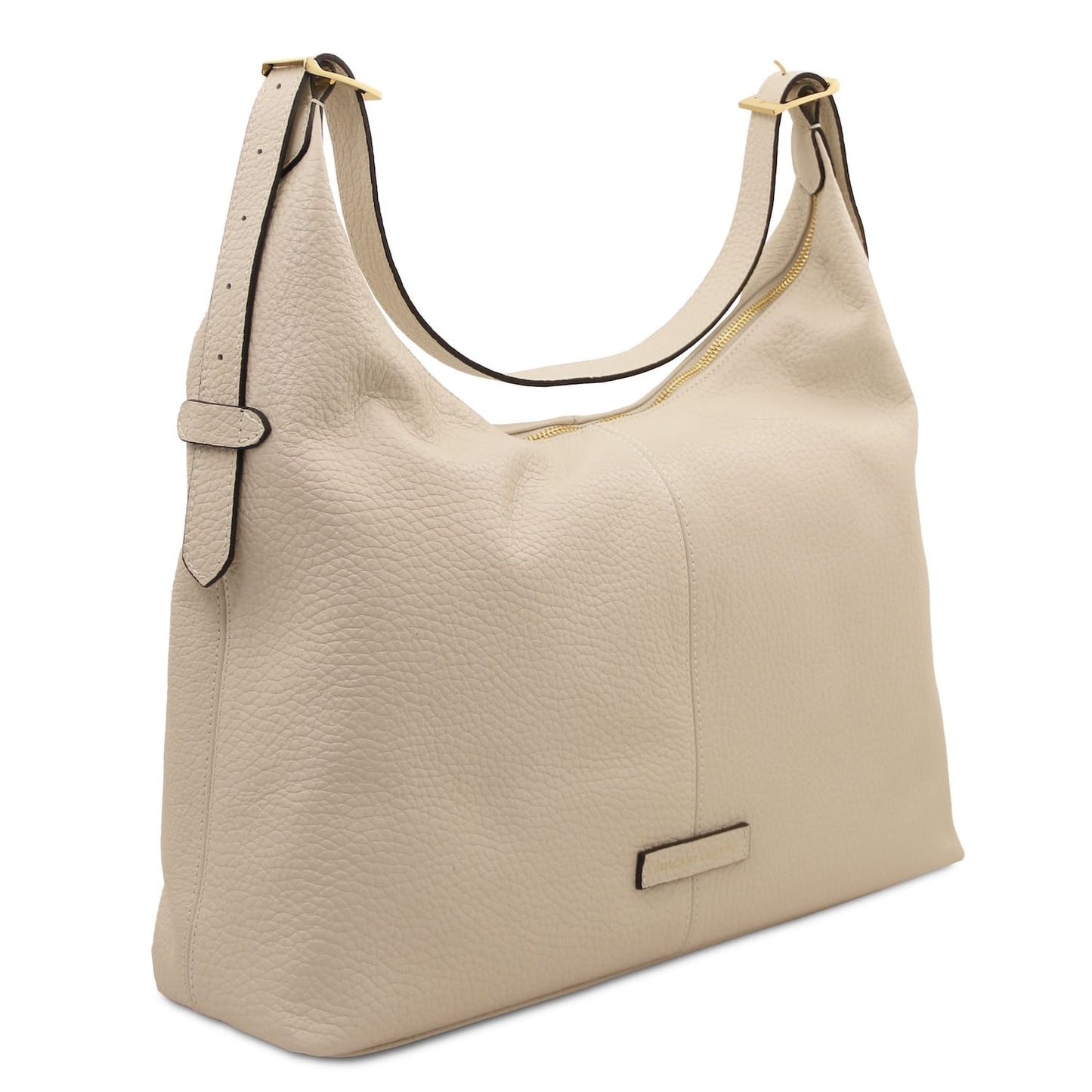 Side view of beige textured Plenia leather bag showing the pebbled surface and gold zipper along the top