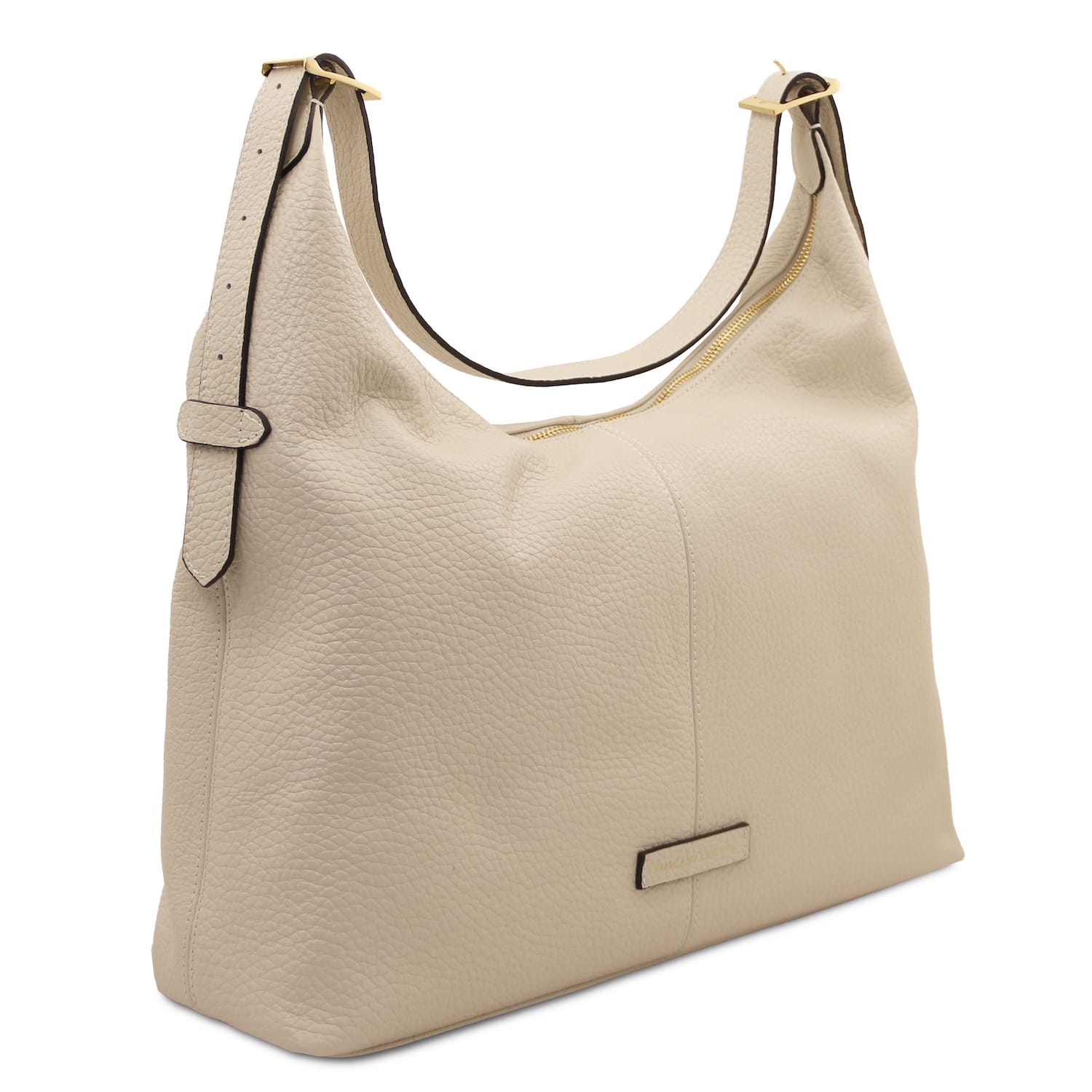 Side view of beige textured Plenia leather bag showing the pebbled surface and gold zipper along the top