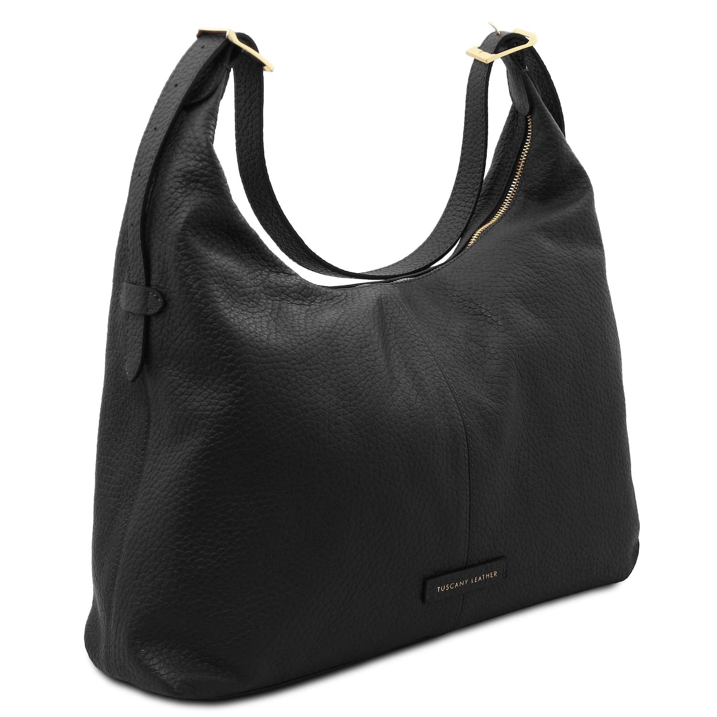 Black pebbled leather tote with top handles and gold hardware accents