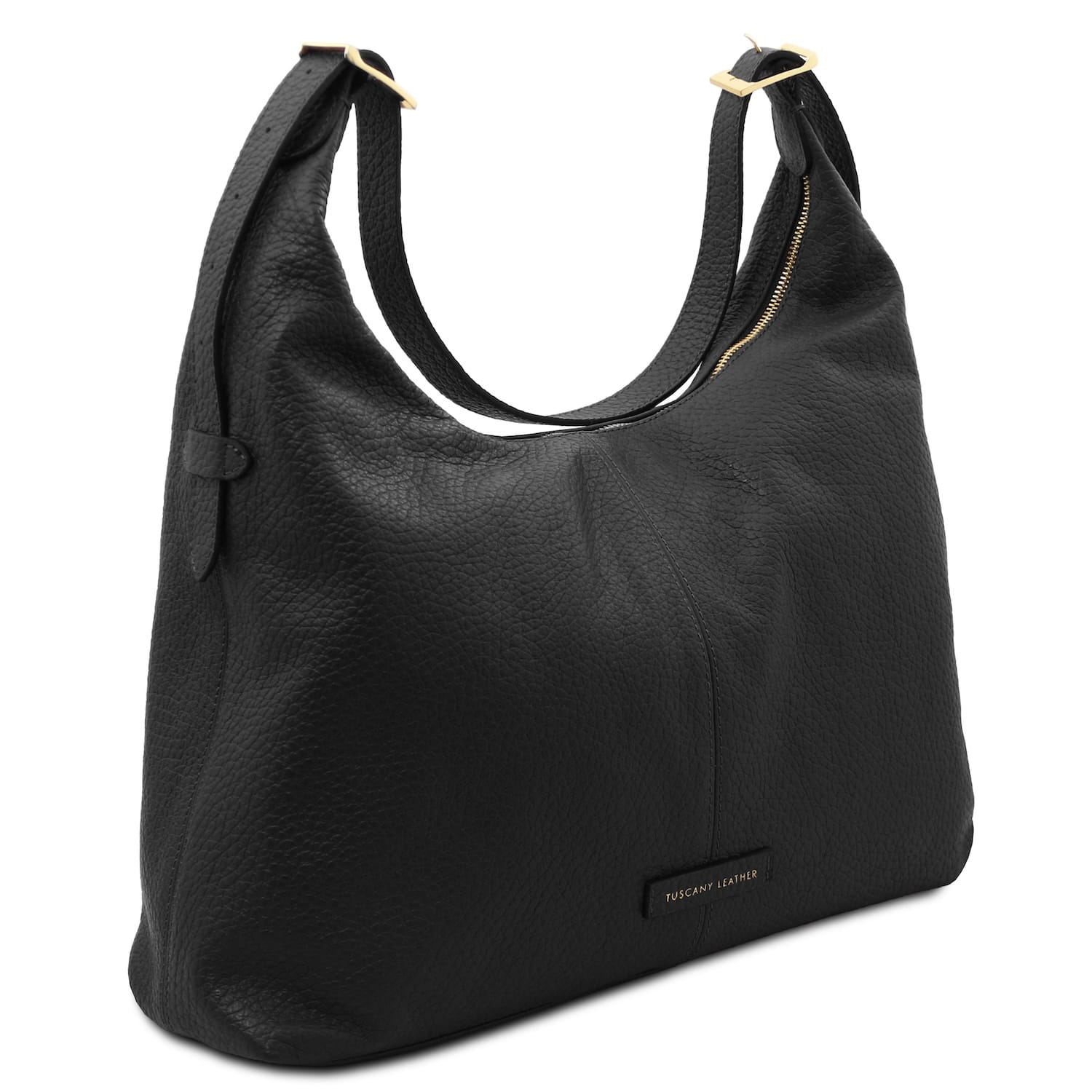 Black pebbled leather tote with top handles and gold hardware accents
