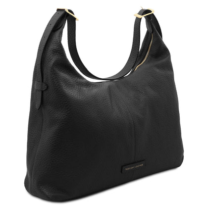 Black pebbled leather tote with top handles and gold hardware accents