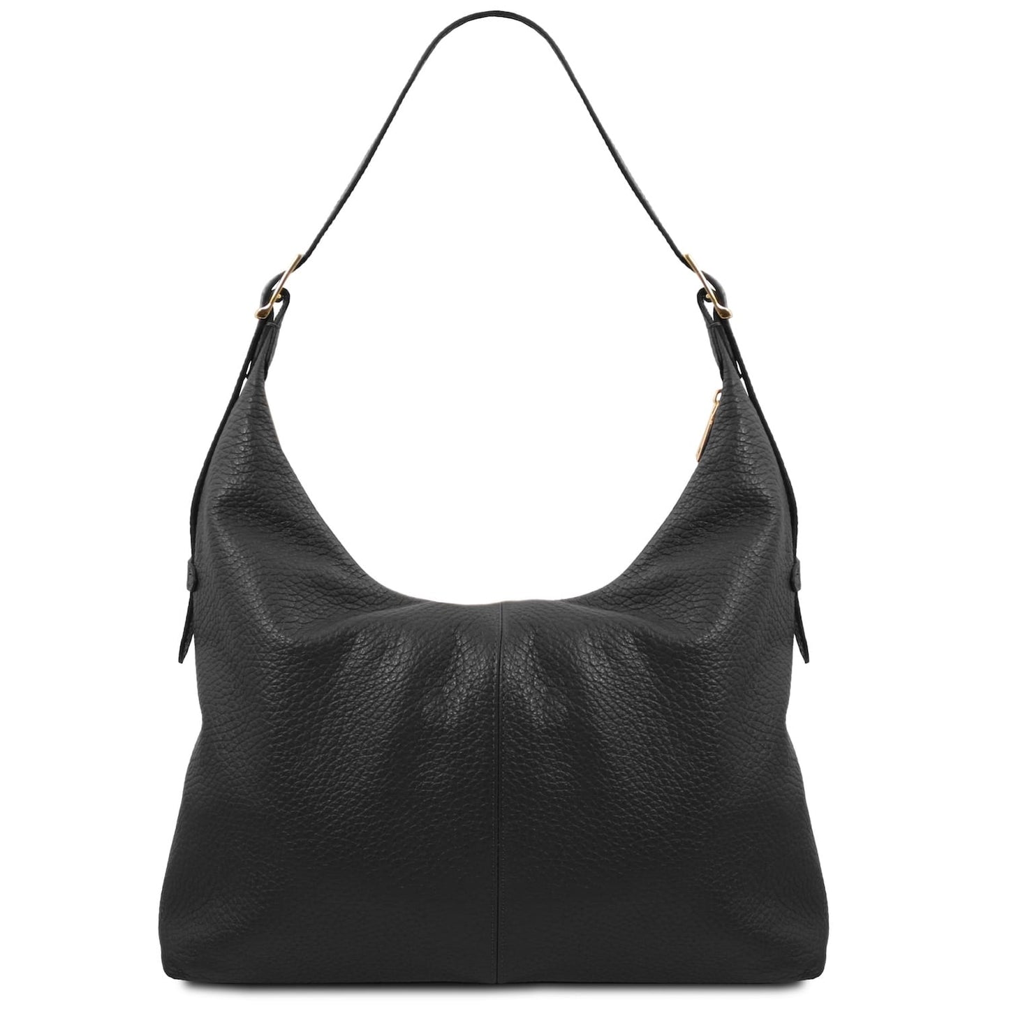 Black pebbled leather hobo bag with single strap and gold hardware
