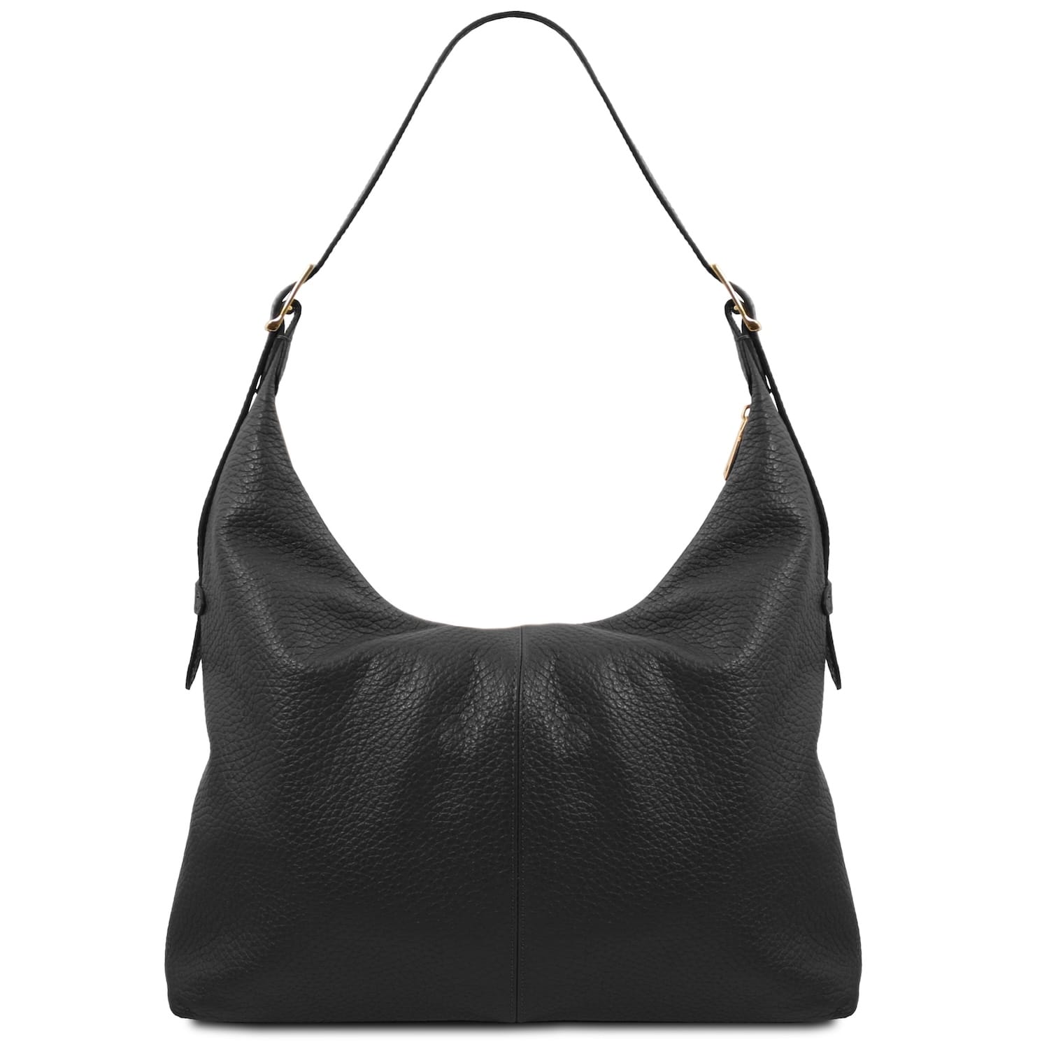 Black pebbled leather hobo bag with single strap and gold hardware