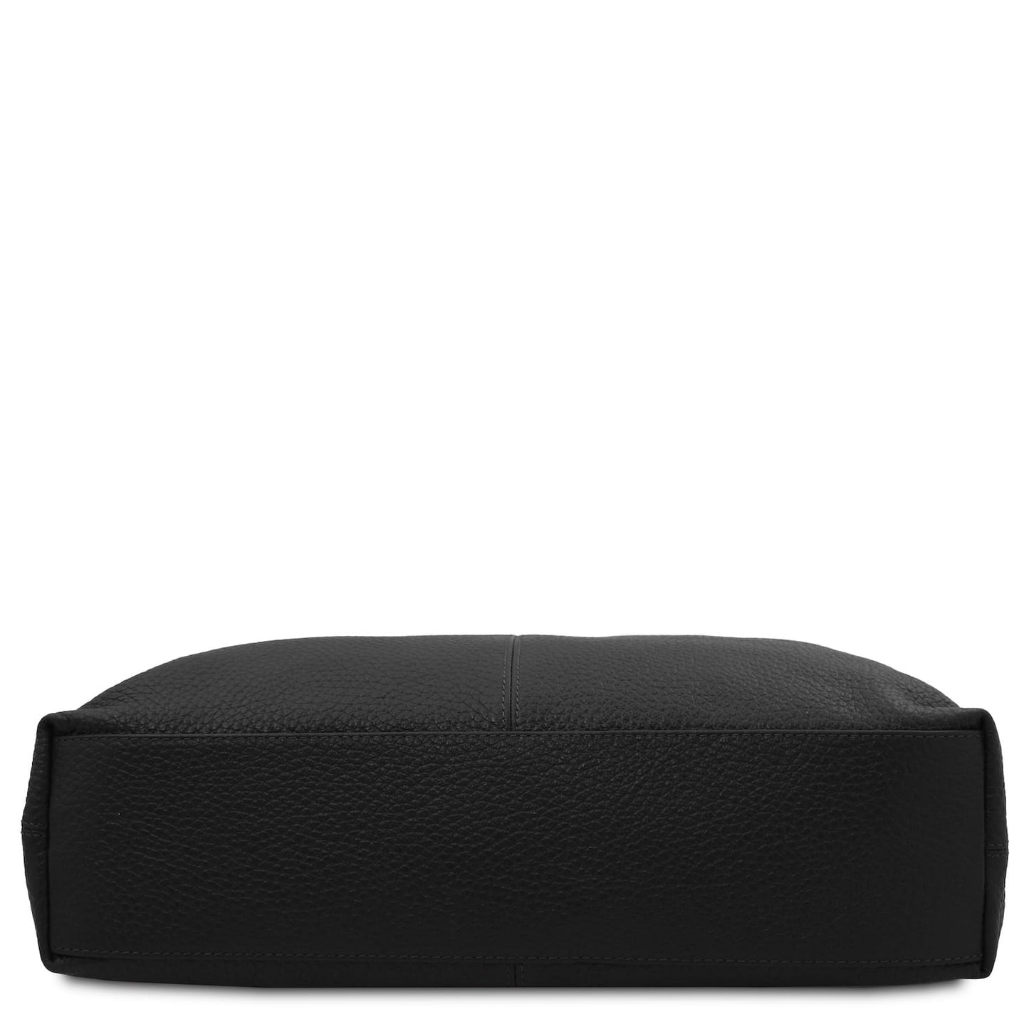 Bottom view of a black pebbled leather shopping bag