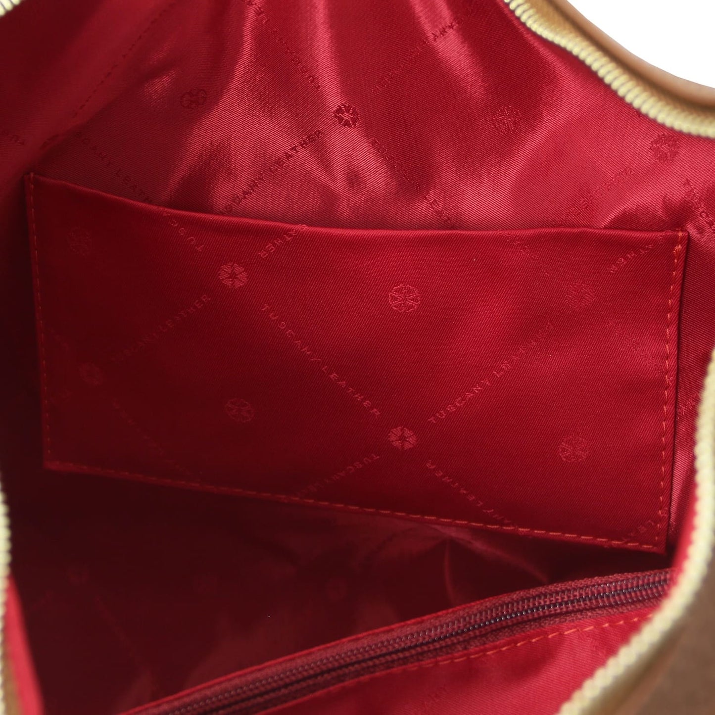 Red satin interior lining of Plenia Italian leather shopping bag with a pocket