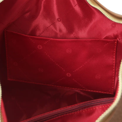 Red satin interior lining of Plenia Italian leather shopping bag with a pocket