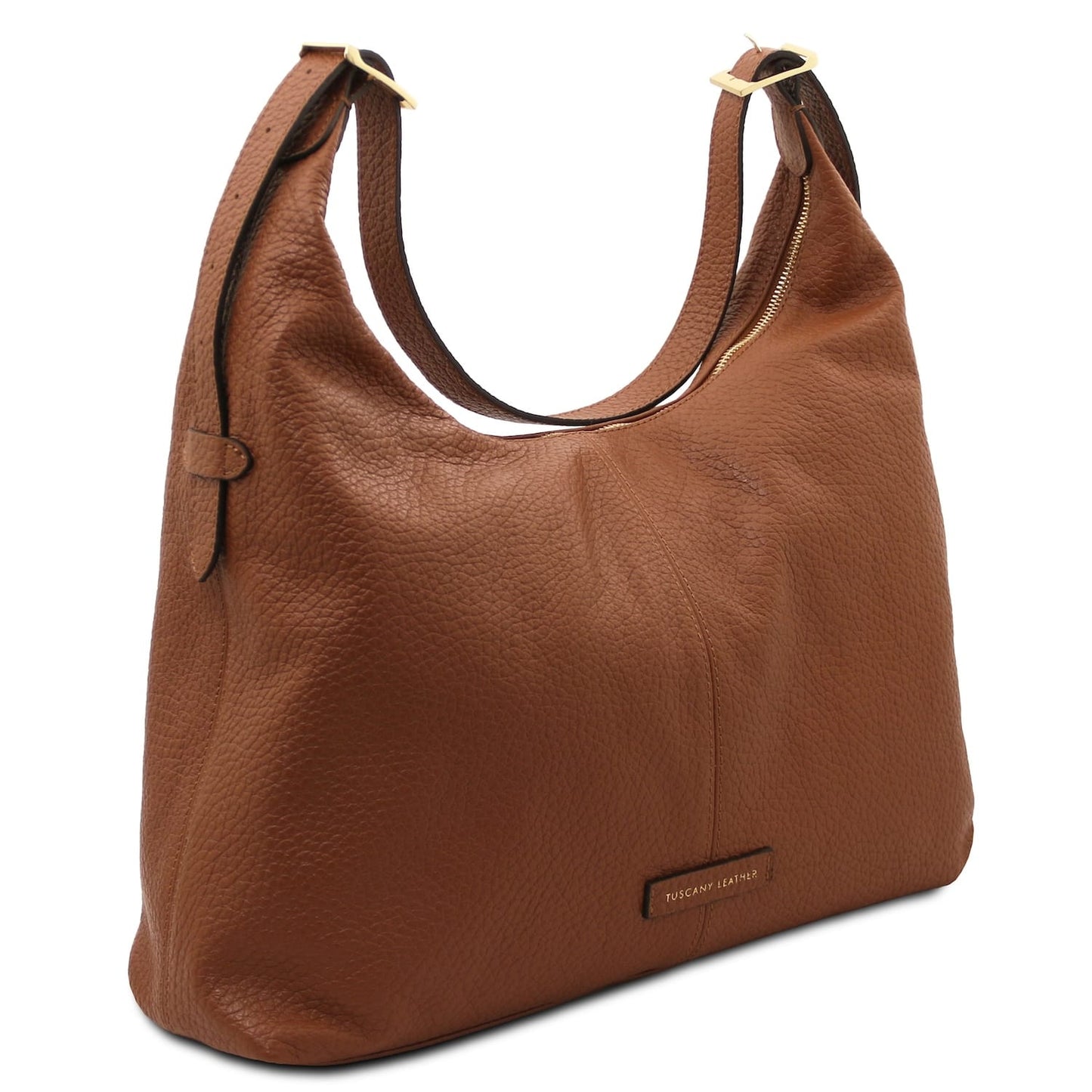 Close up of brown pebbled leather hobo bag with double straps and Tuscany Leather label.