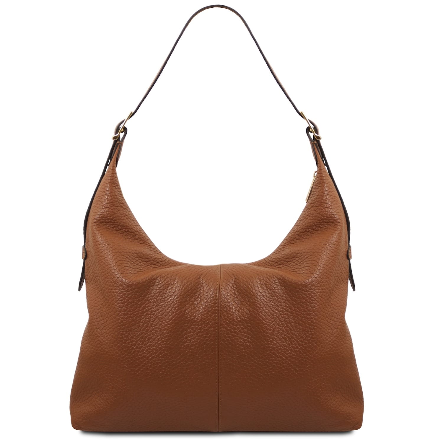 Tan pebbled leather shopping bag with a single shoulder strap and curved top.