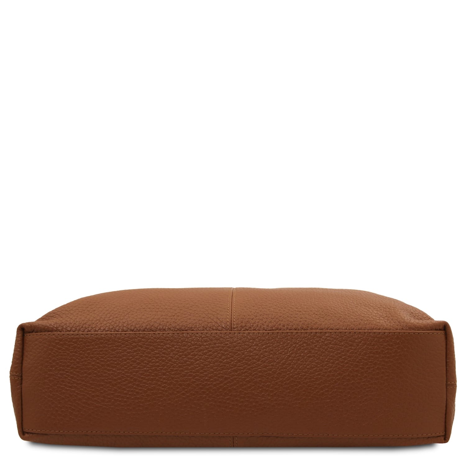 Bottom view of the tan pebbled leather bag showing a flat rectangular base.