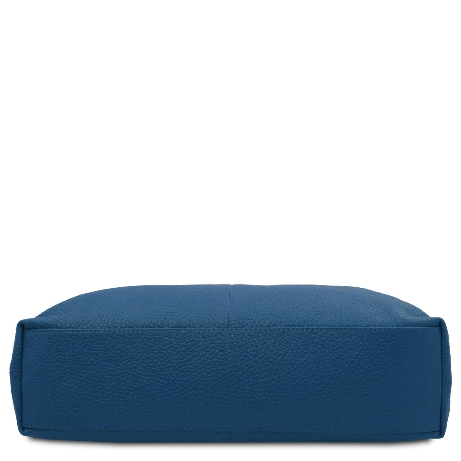 Bottom view of blue pebbled Italian leather shopping bag