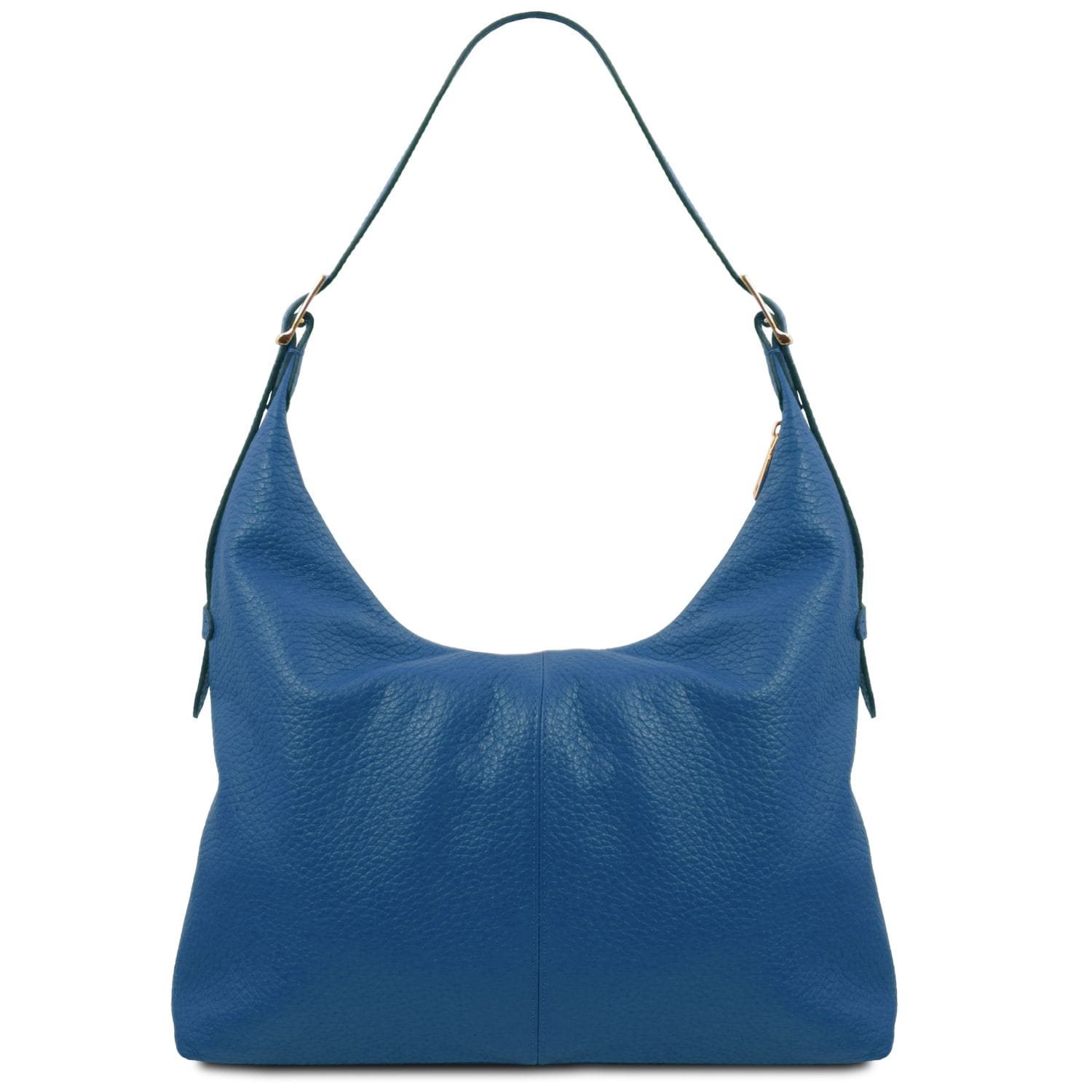 Azure blue leather tote with rounded top and single shoulder strap front view