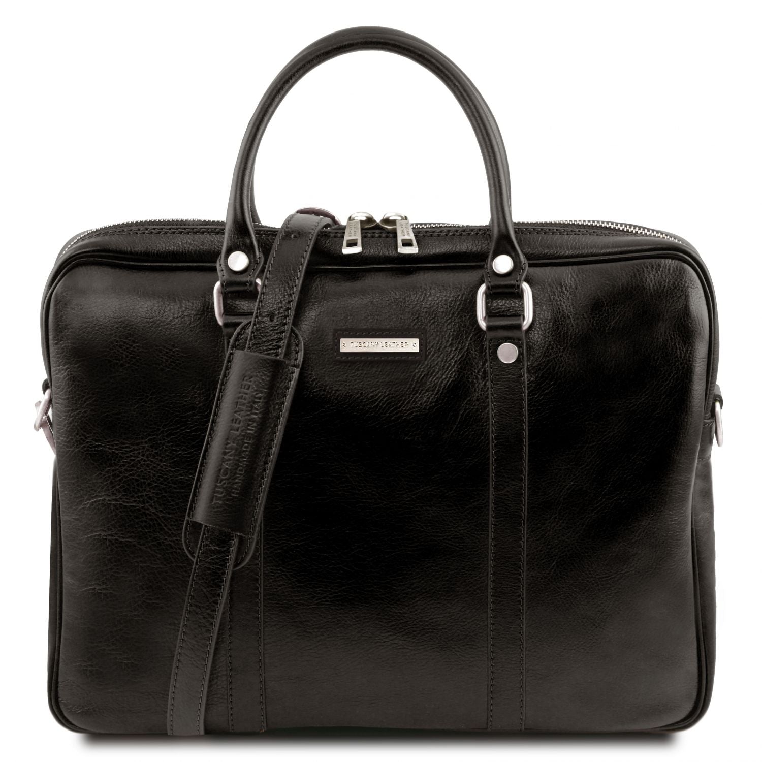 Black leather Prato laptop case with dual top zippers and a small metal brand plaque