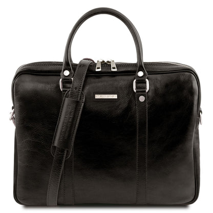 Black leather Prato laptop case with dual top zippers and a small metal brand plaque