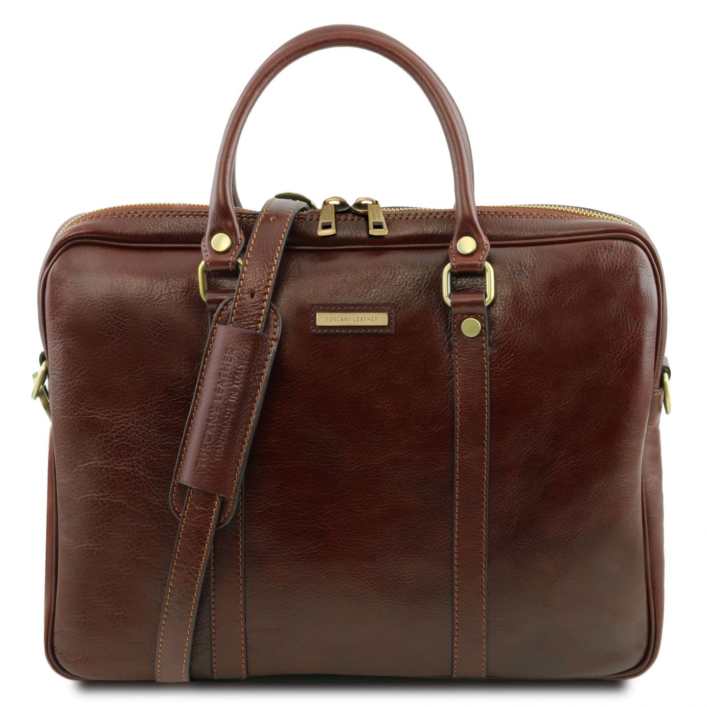 Brown leather laptop case with top handles and an adjustable shoulder strap