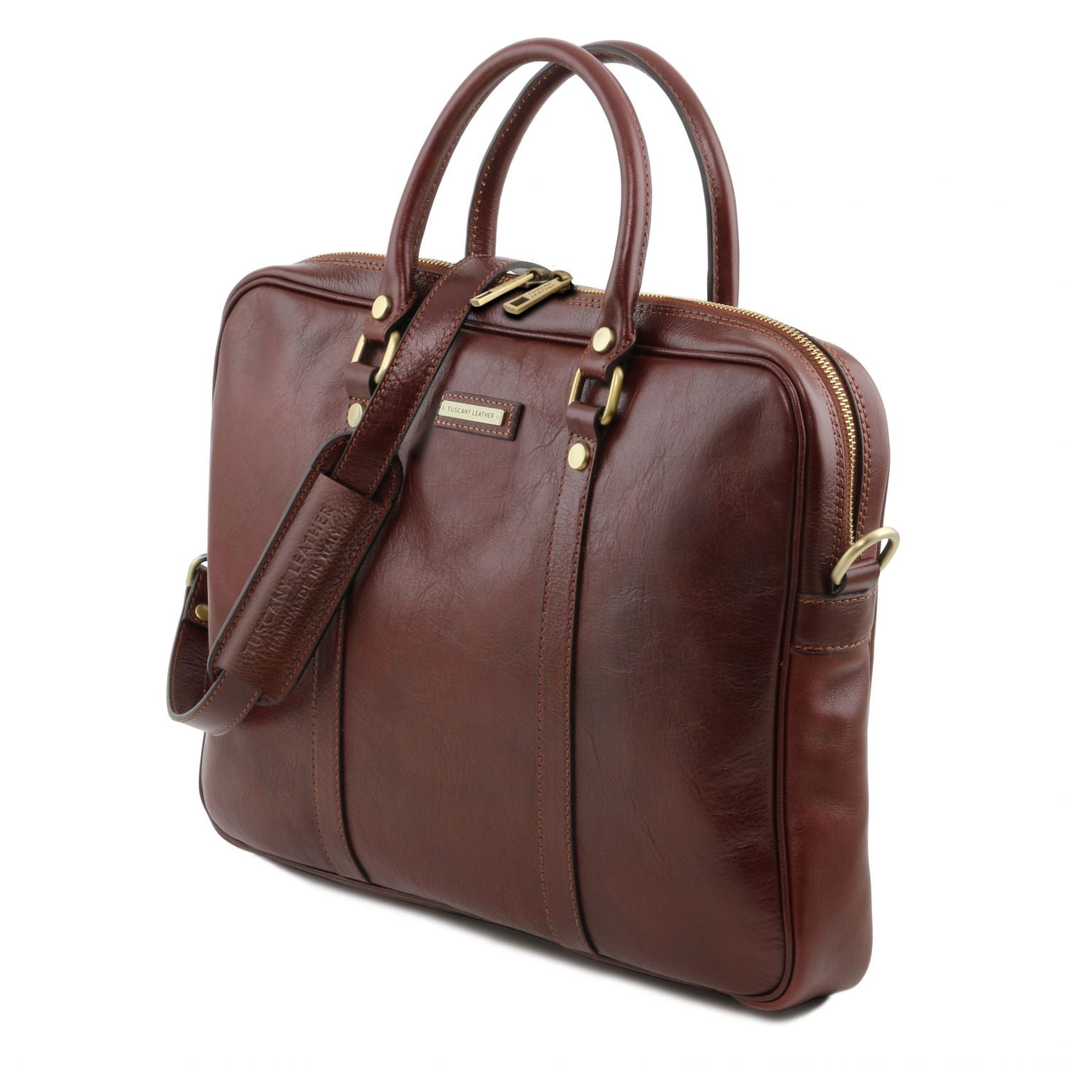 Prato exclusive leather laptop case in rich brown with dual top handles and a detachable shoulder strap.