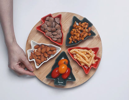 Christmas Tree Aperitivo/Snack Dishes With Bamboo Lazy Susan Tray