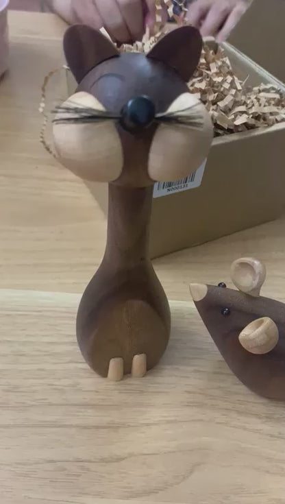 Wooden Cat & Mouse Figurines - Made of Walnut Wood