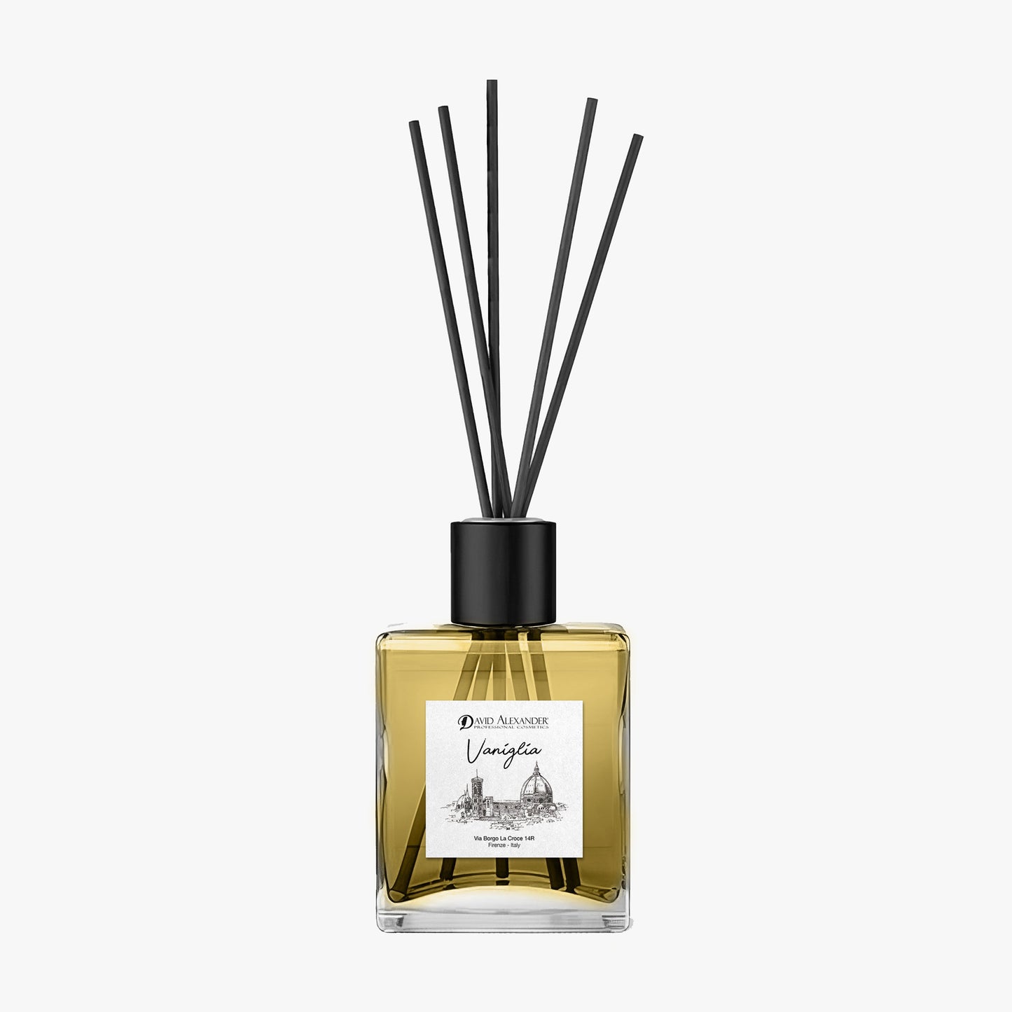 Vaniglia room diffuser in a square glass bottle with black reeds