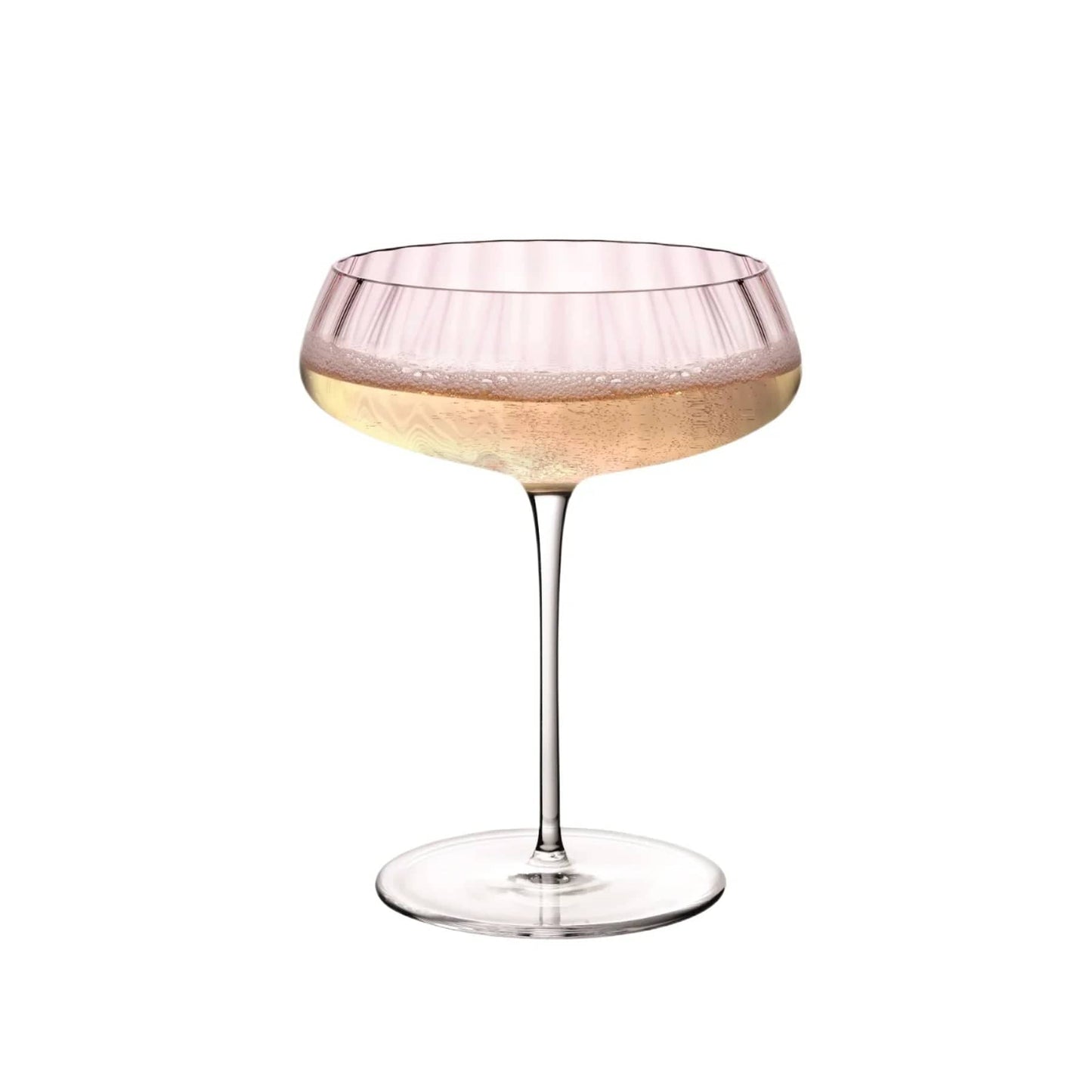 Dusty rose coupe glass with a pleated ribbed bowl on a long slender stem