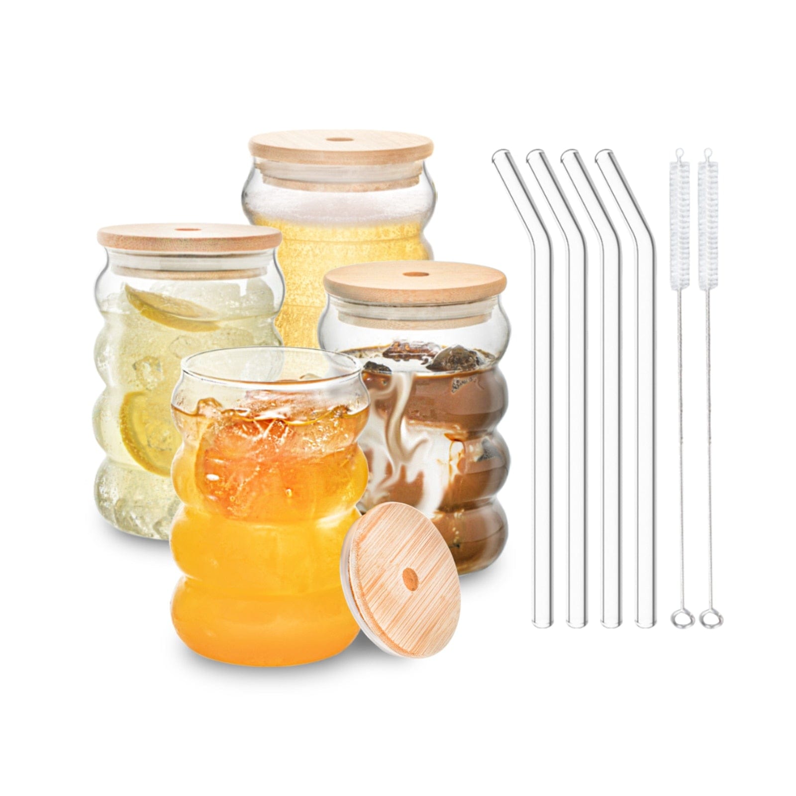 Bubble Glass Cup with Wooden Lid and Straw | 16 oz (approx. 470 ml)