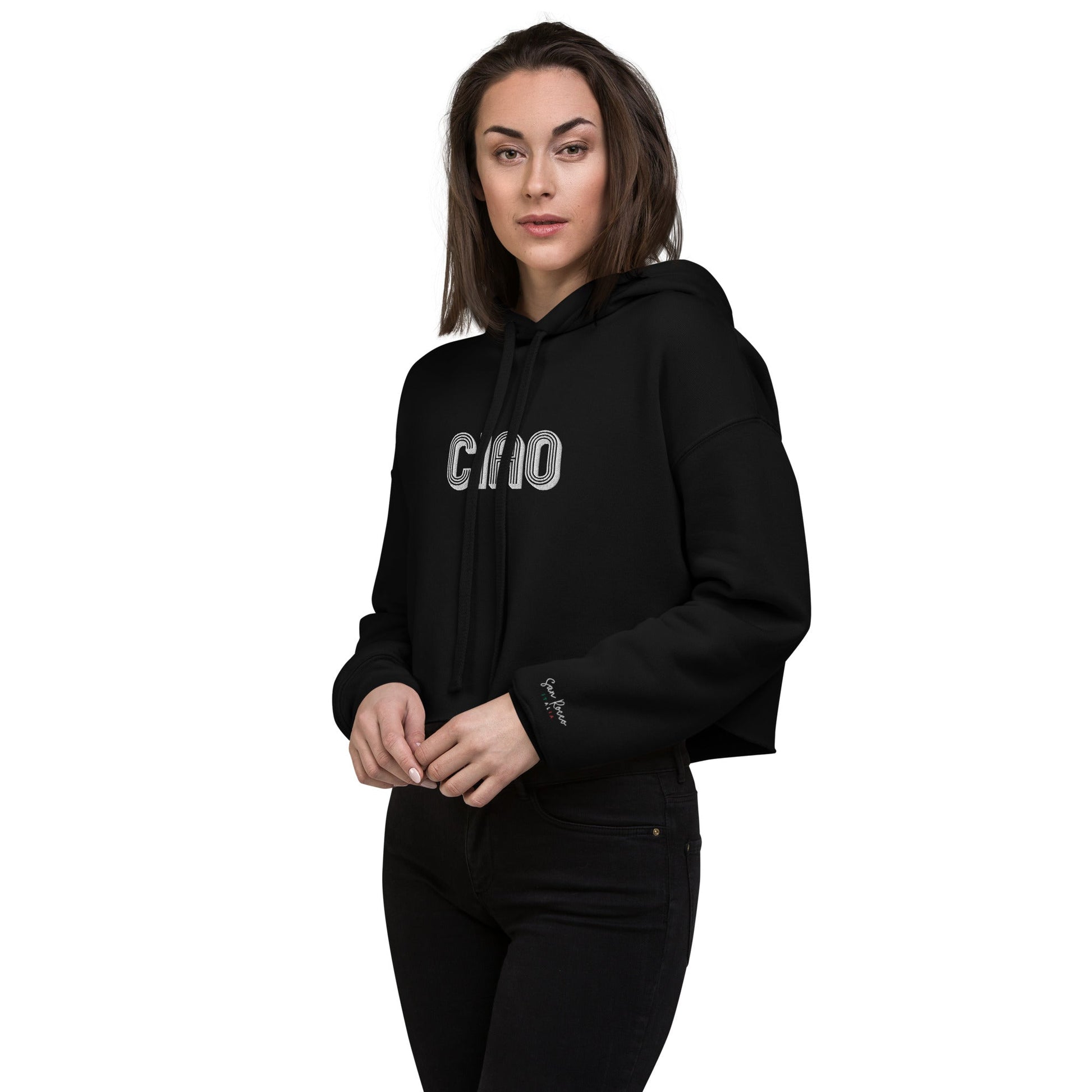 Embroidered Ciao Crop Hoodie - Premium  - Shop now at San Rocco Italia